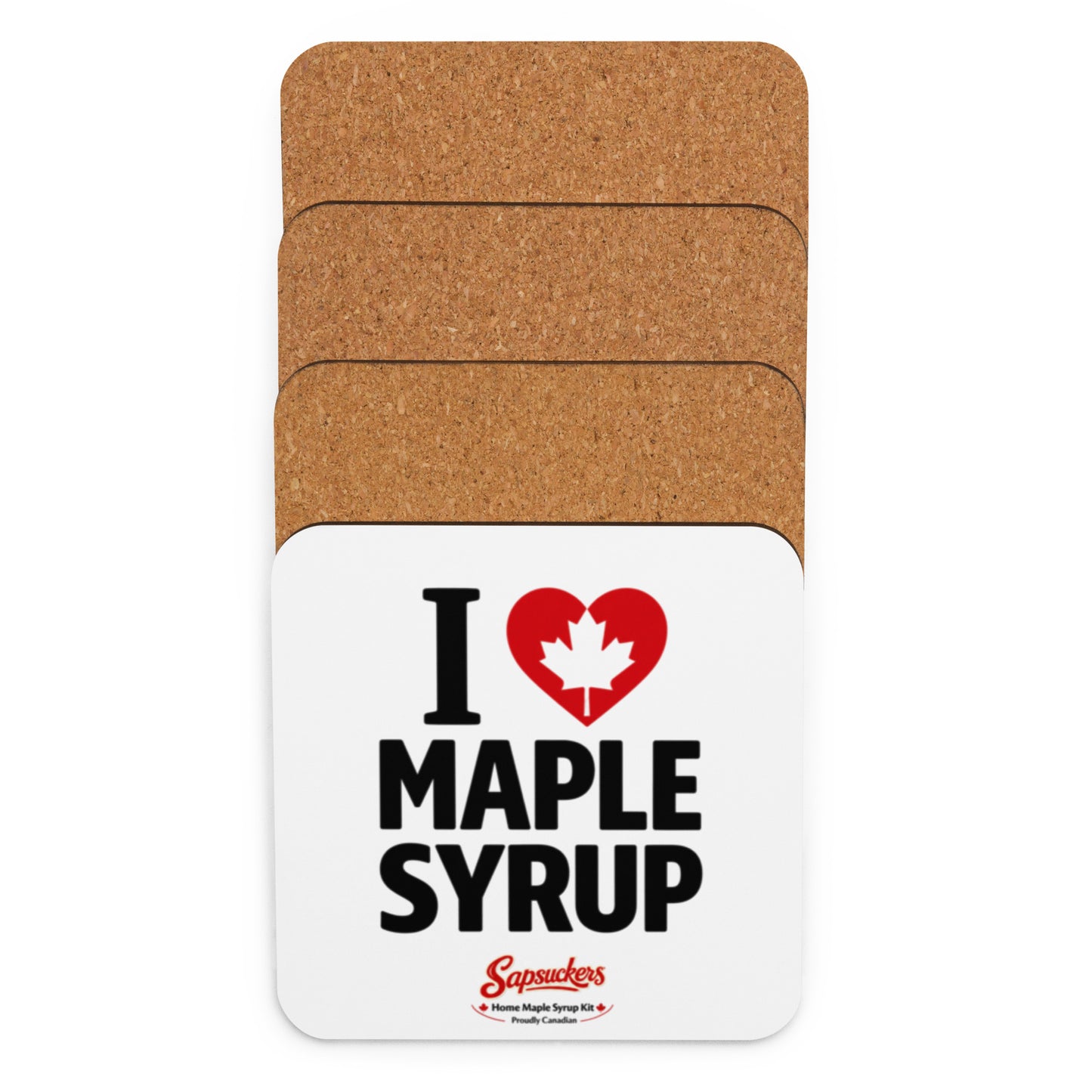 I Heart Maple Syrup Cork-Back Coaster — front view — Sapsuckers® Canadian cork-back coaster