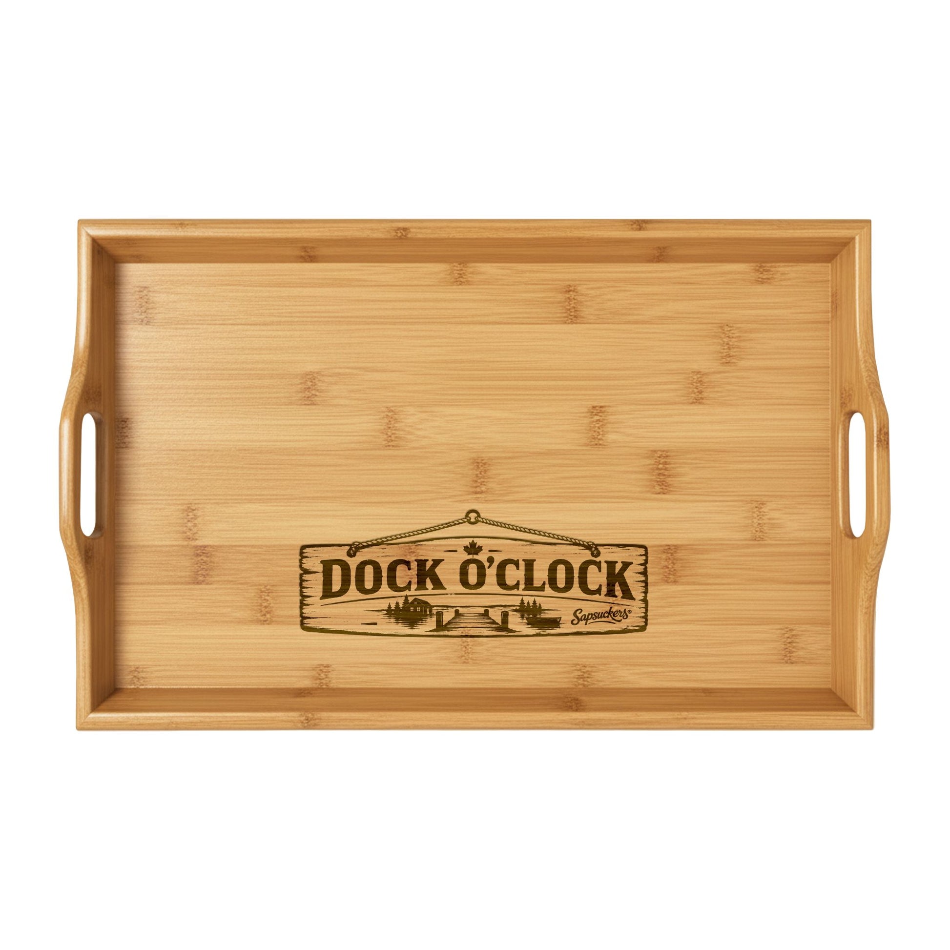 Dock O'Clock Bamboo Serving Tray — flat lay styled — Sapsuckers® Canadian serving board