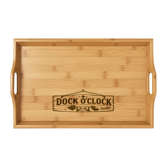 Dock O'Clock Bamboo Serving Tray — flat lay styled — Sapsuckers® Canadian serving board