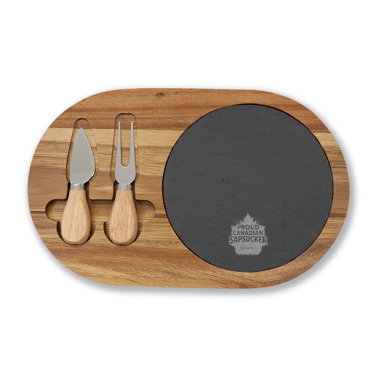 Proud Canadian Sapsucker Charcuterie Board — flat lay styled — Sapsuckers® Canadian serving board