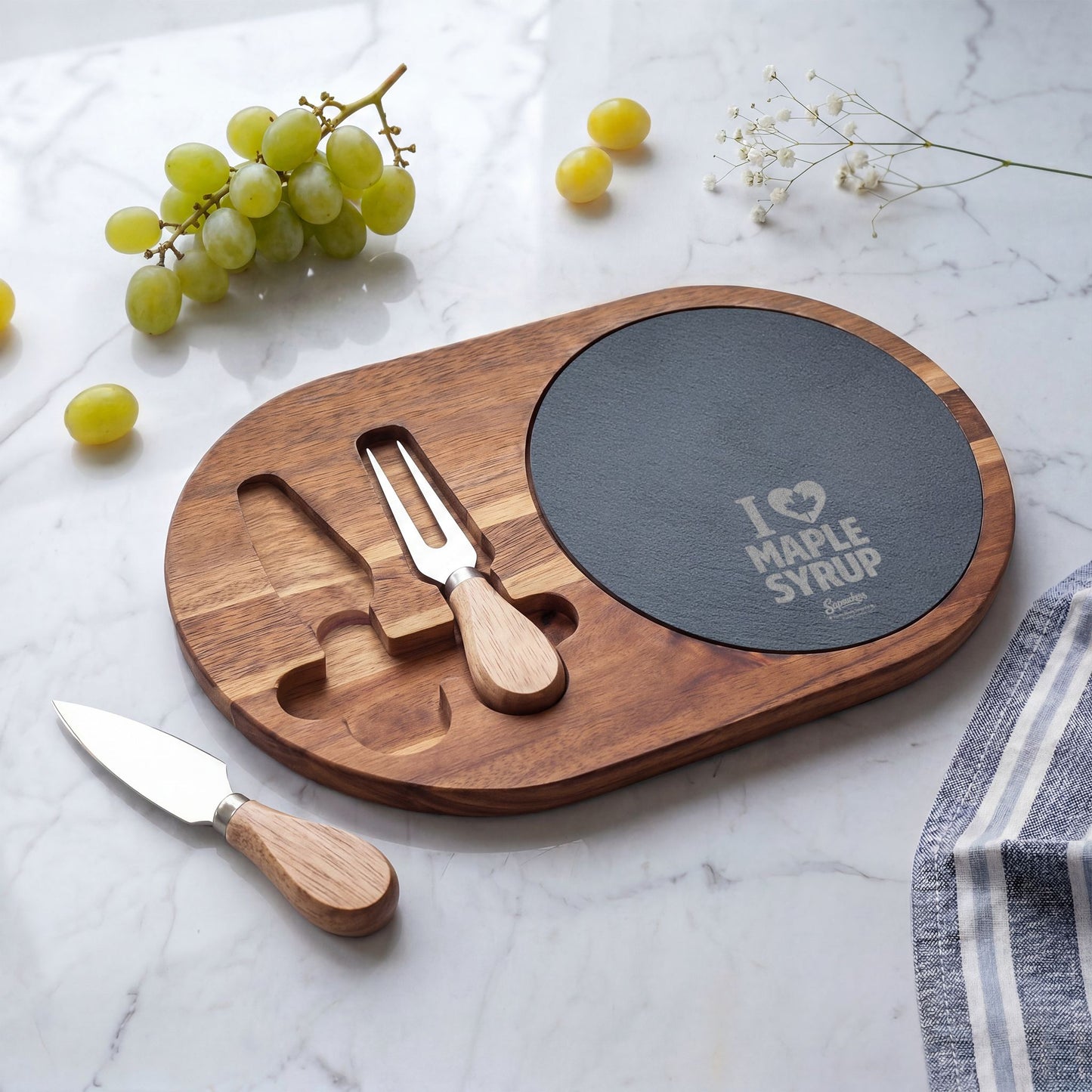 I Heart Maple Syrup Charcuterie Board — flat lay styled — Sapsuckers® Canadian serving board