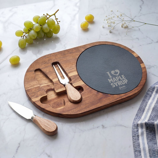 I Heart Maple Syrup Charcuterie Board — flat lay styled — Sapsuckers® Canadian serving board