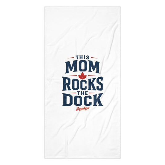 This Mom Rocks the Dock Beach Towel — laid flat — Sapsuckers® Canadian beach towel
