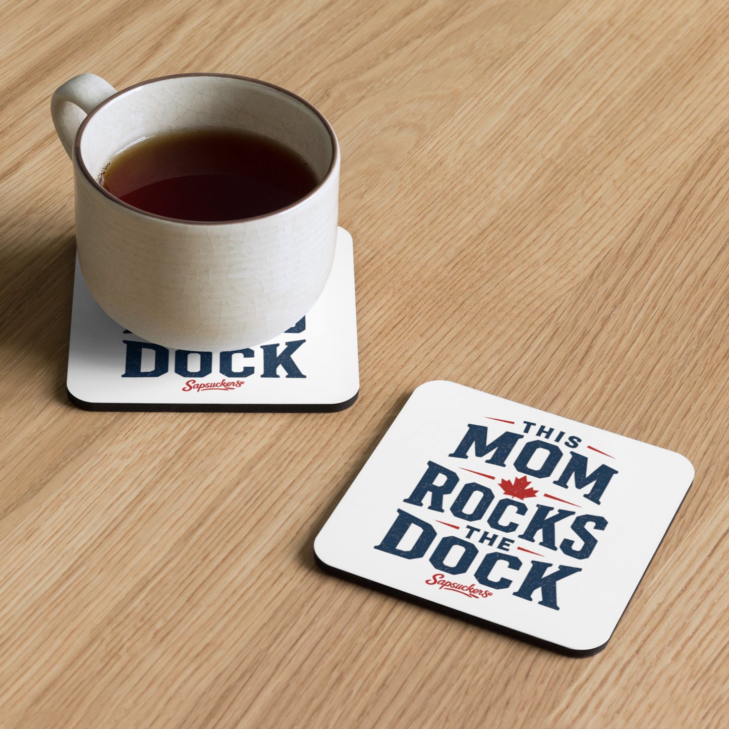 This Mom Rocks the Dock Cork-Back Coaster — front view — Sapsuckers® Canadian cork-back coaster