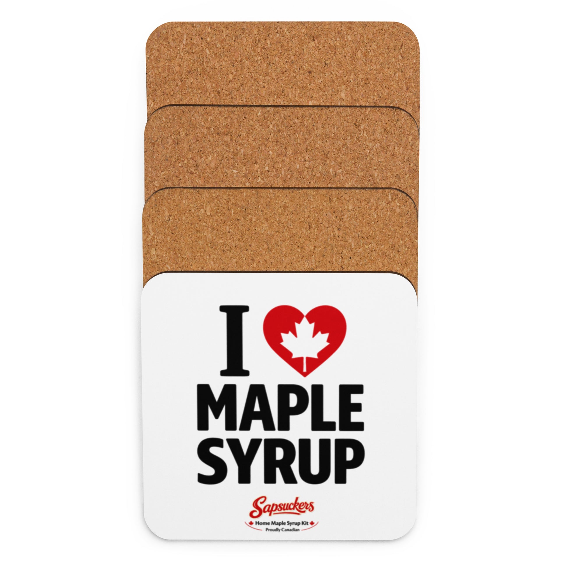 I Heart Maple Syrup Cork-Back Coaster — front view — Sapsuckers® Canadian cork-back coaster