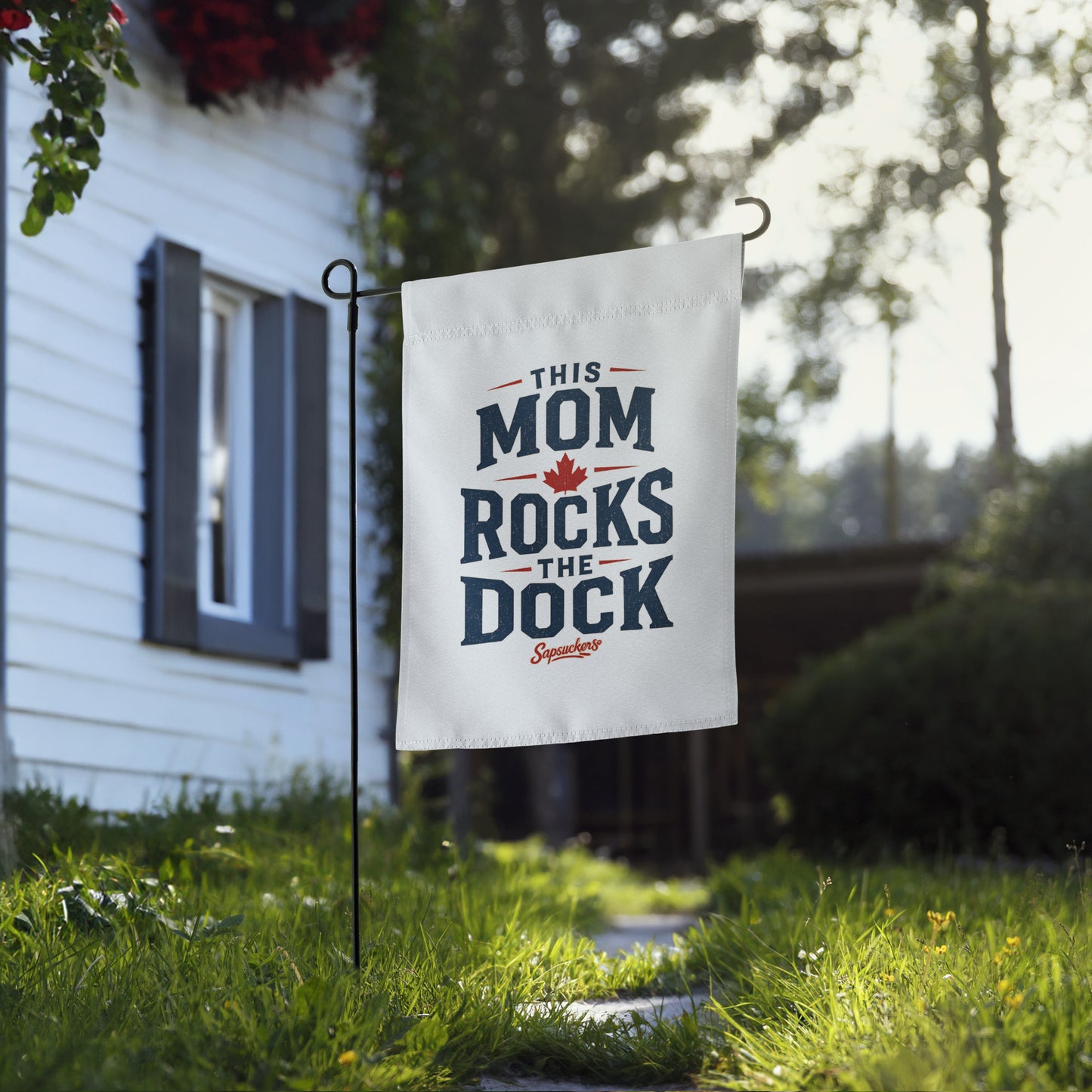 This Mom Rocks the Dock Garden Flag — front view — Sapsuckers® Canadian garden flag