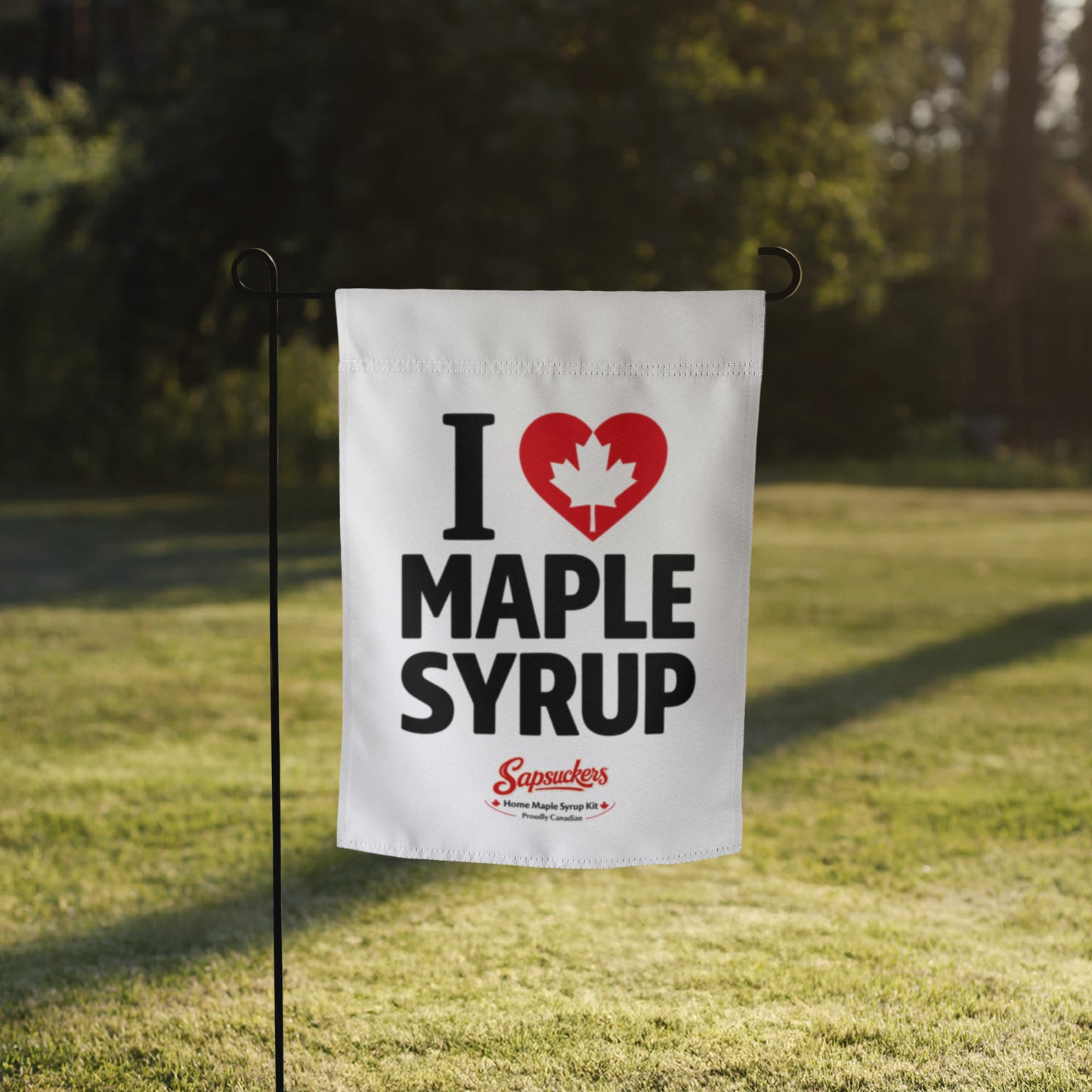 I Heart Maple Syrup Garden Flag — front view — Sapsuckers® Canadian garden flag