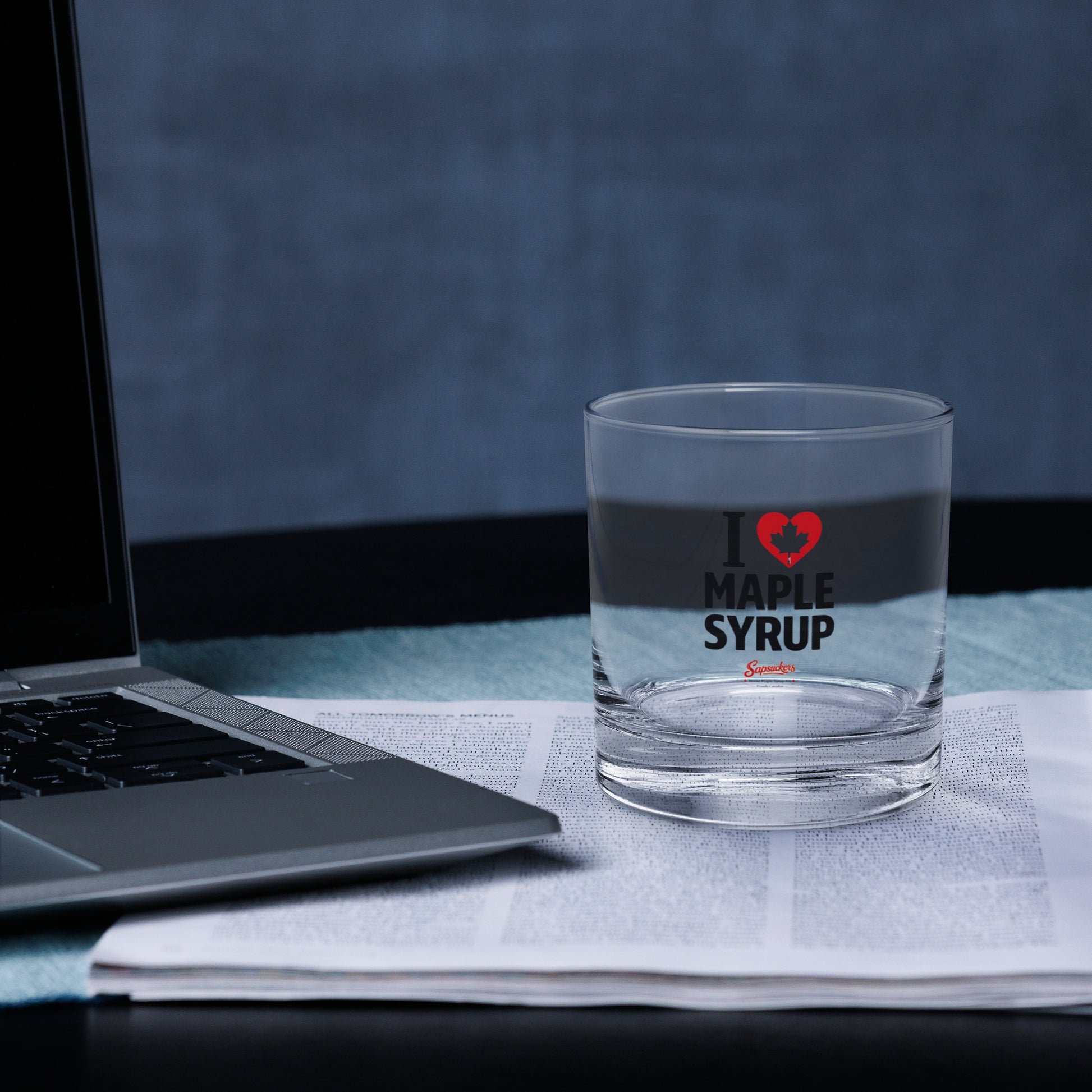 I Heart Maple Syrup Rocks Glass — front view — Sapsuckers® Canadian rocks glass