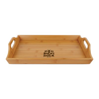 This Dad Rocks the Dock Bamboo Serving Tray (Engraving) — flat lay styled — Sapsuckers® Canadian serving board