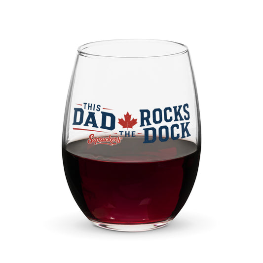 This Dad Rocks the Dock Stemless Wine Glass — front view — Sapsuckers® Canadian stemless wine glass