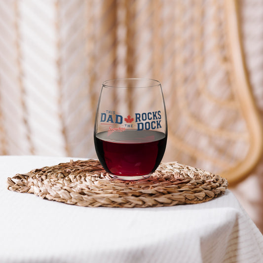 This Dad Rocks the Dock Stemless Wine Glass — front view — Sapsuckers® Canadian stemless wine glass