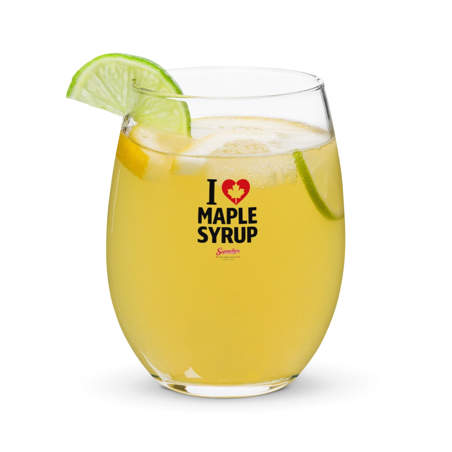 I Heart Maple Syrup Stemless Wine Glass — front view — Sapsuckers® Canadian stemless wine glass