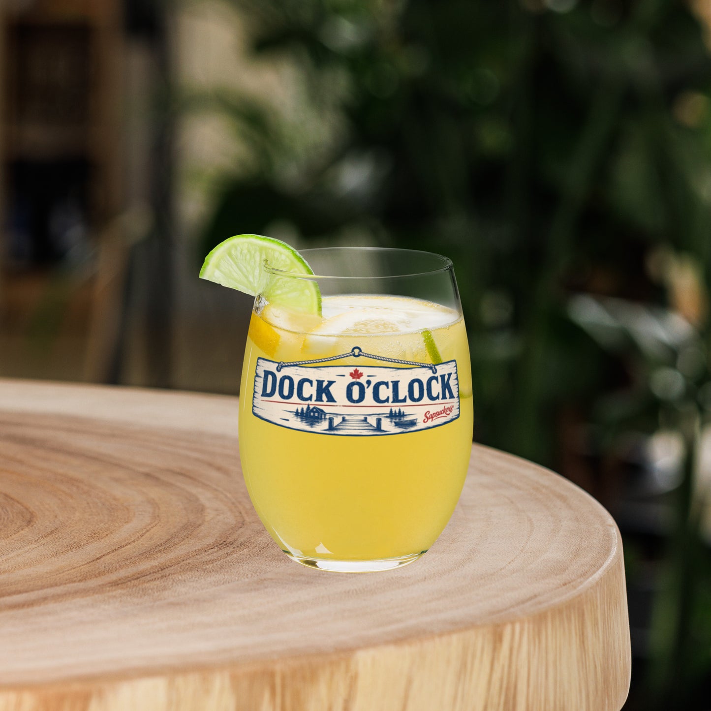 Dock O'Clock Stemless Wine Glass — front view — Sapsuckers® Canadian stemless wine glass