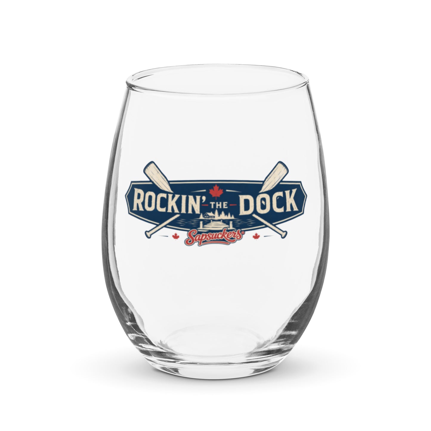 Rockin' the Dock Stemless Wine Glass — front view — Sapsuckers® Canadian stemless wine glass