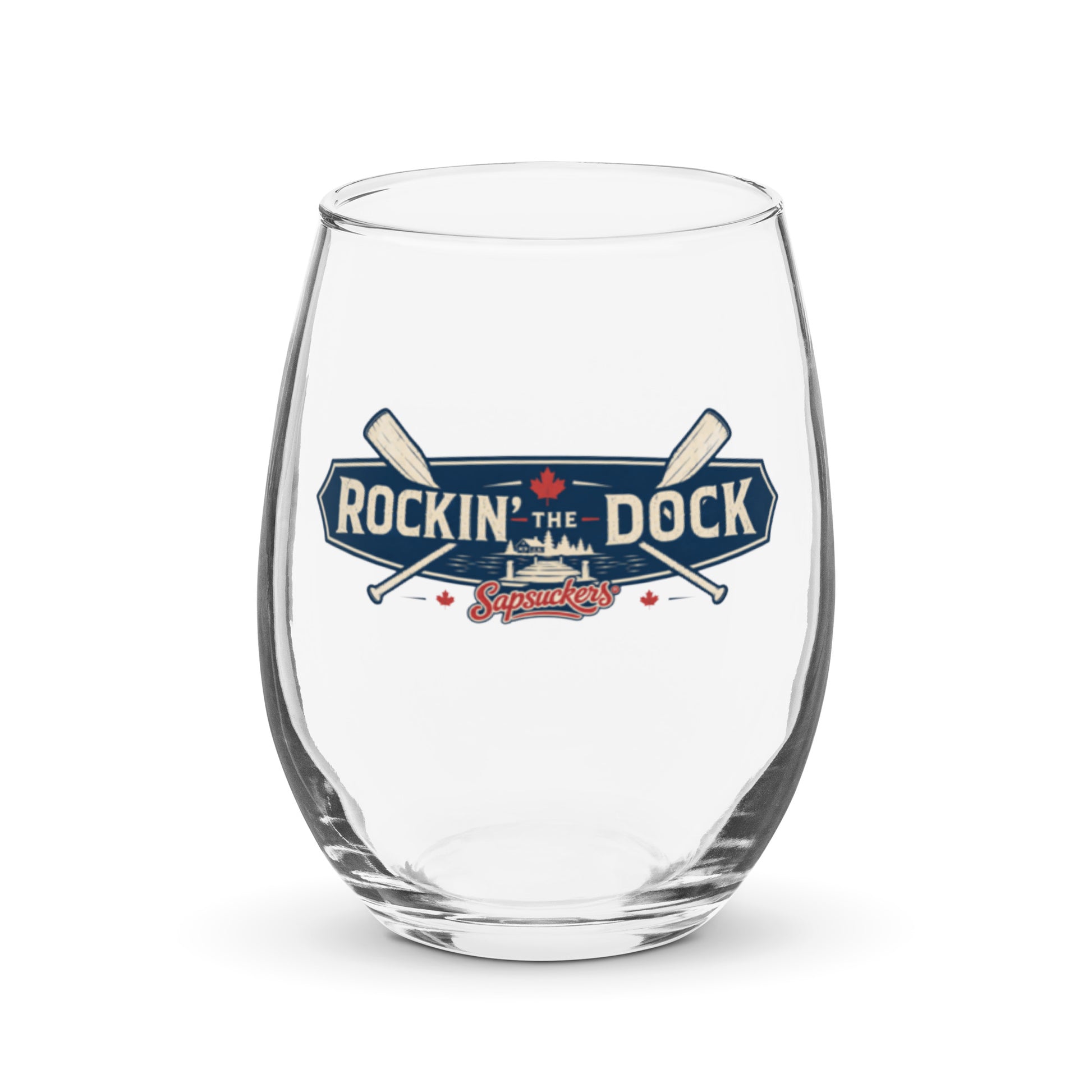Rockin' the Dock Stemless Wine Glass — front view — Sapsuckers® Canadian stemless wine glass