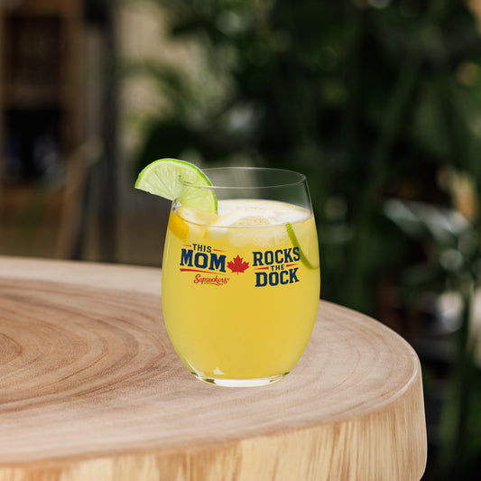 This Mom Rocks the Dock Stemless Wine Glass — front view — Sapsuckers® Canadian stemless wine glass