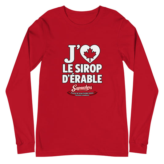J'❤️ Le Sirop D'Érable Long Sleeve — Red | Sapsuckers® Canadian Maple Syrup Long Sleeve